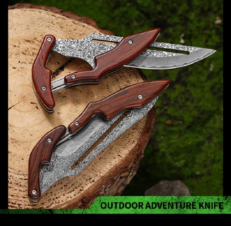 Outdoor Damascus steel magic knife, multi-purpose mechanical folding knife, camping portable folding knife, sharp fruit knife