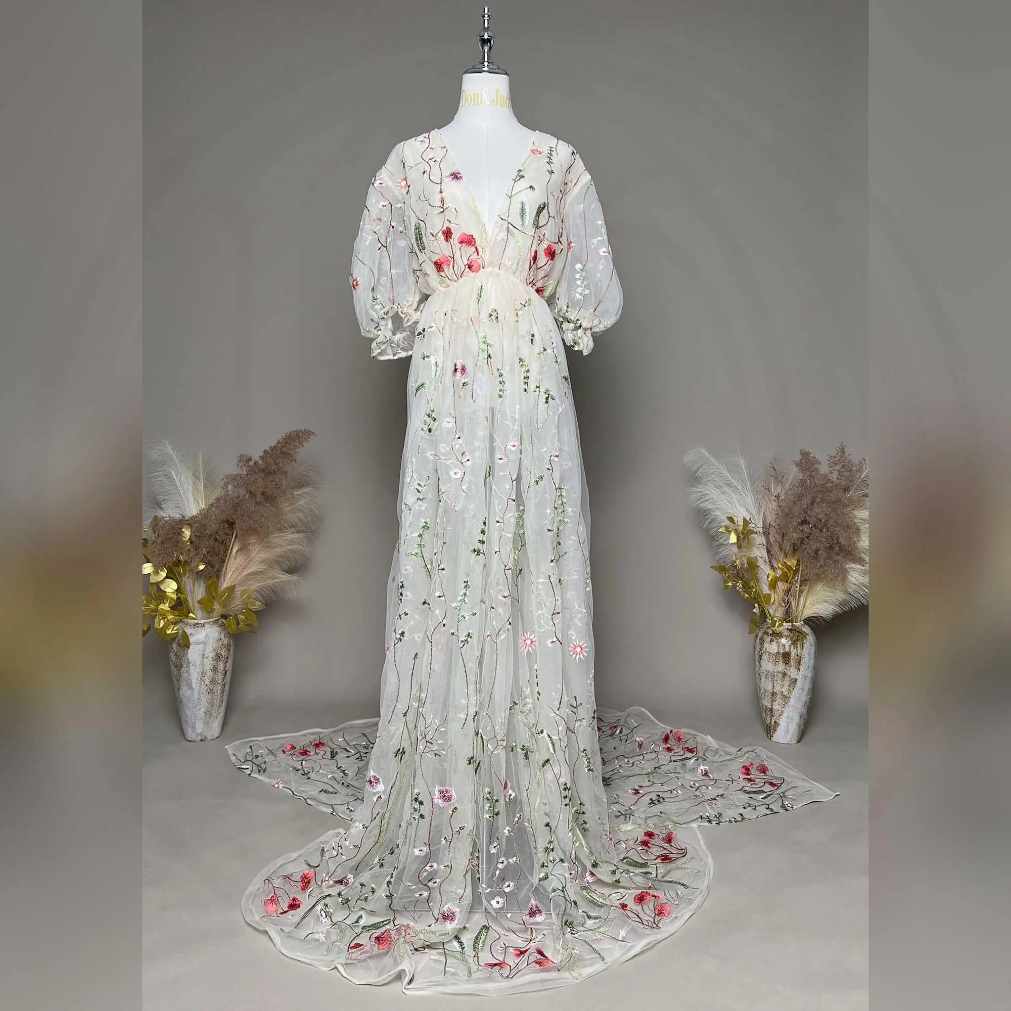 Don&Judy Flower Embroidery Dress V Neck Pregnant Woman Dress For Baby Shower Photography Sexy Woman Gown
