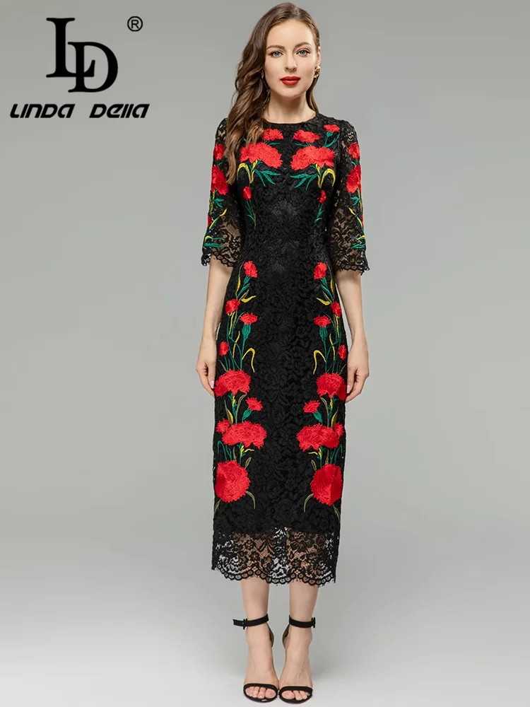 LD LINDA DELLA Chic Spitze Aushöhlen Stickerei Design Kleid Sommer Vintage frauen Halbarm Dünne Kleider