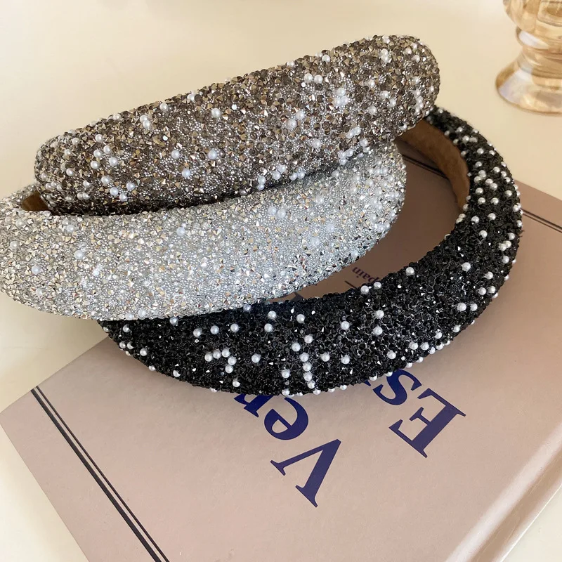 Korean Full of Rhinestone Pearl Sponge Hair Band for Women New Fashion Light Luxury Headwear Girl Sparkle Hair Accessories