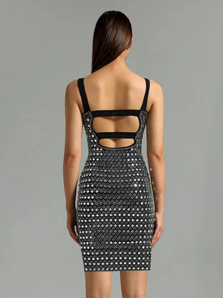 Sexy Träger, quadratischer Kragen, glänzende Diamanten, Verbandkleid für Damen, schwarz, ärmellos, rückenfrei, Kristall, figurbetonte Kleider, Abendclub
