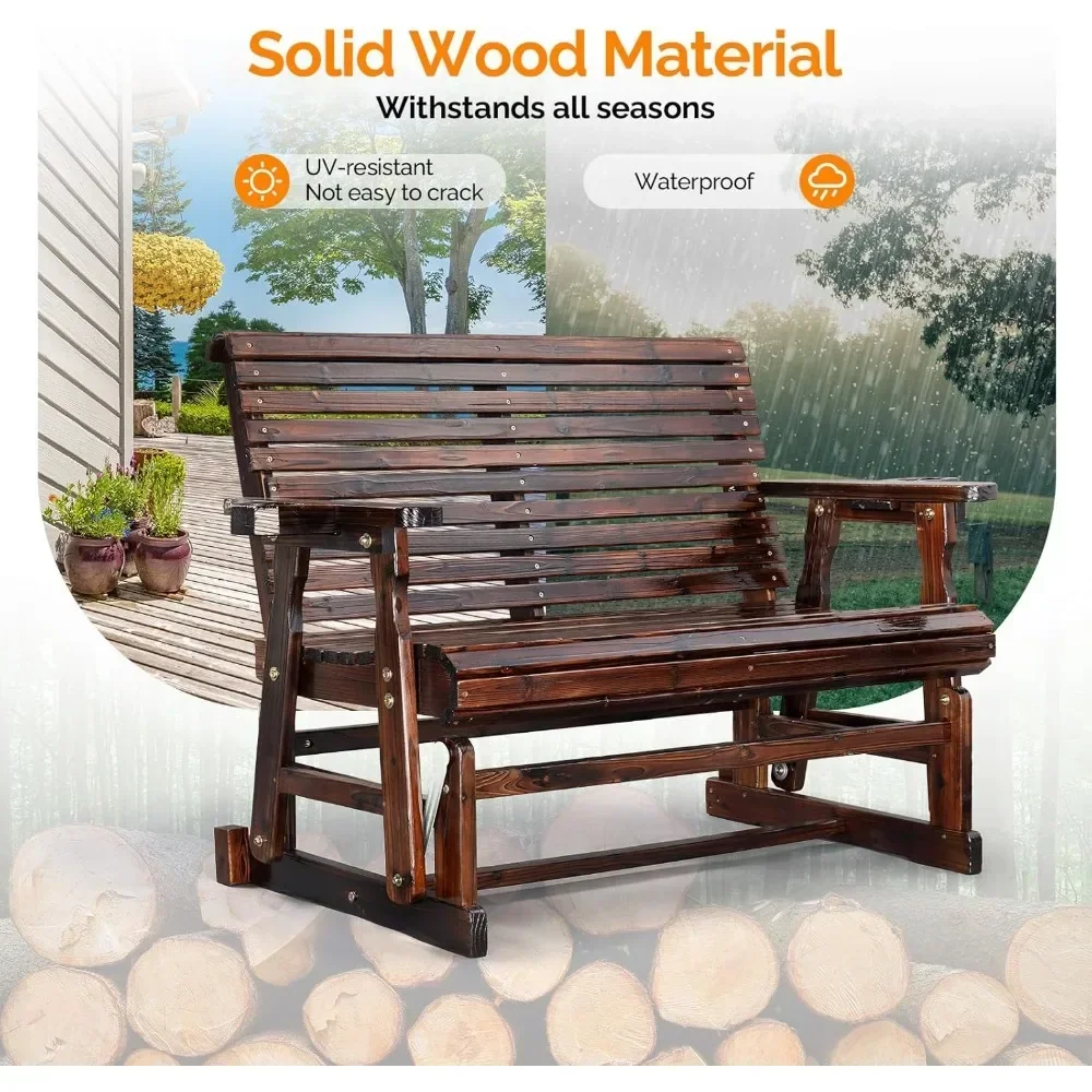 

Durable Wooden Patio Glider Chair with Built-in Cup Holders, Outdoor Bench Glider Loveseat featuring a Smooth Rocking Motion, Ca