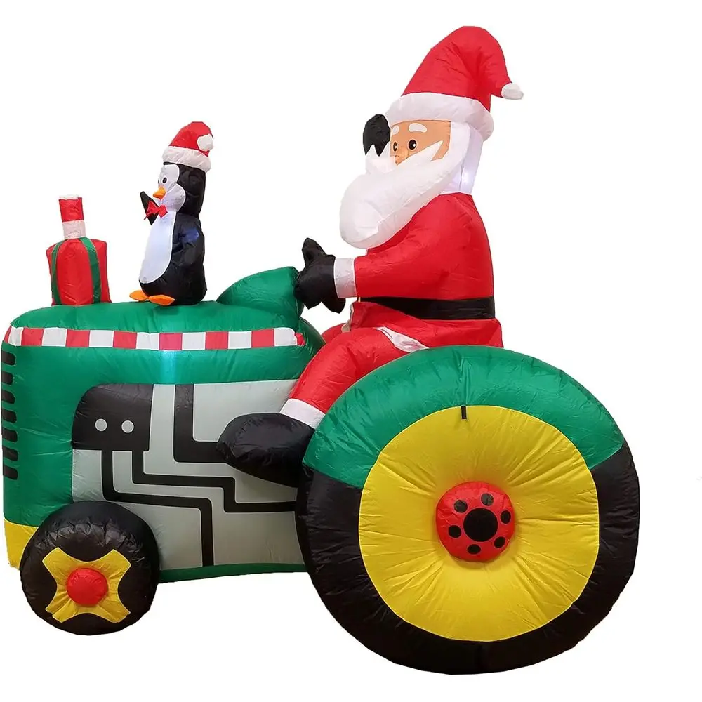 Self-Inflating LED-lit Santa & Penguin Tractor Outdoor Christmas Decoration