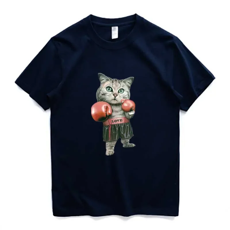Funny Cartoon Boxer Cat Printed T Shirt. Short Sleeve 100% Cotton Casual T-shirts Loose Top Size S-3XL