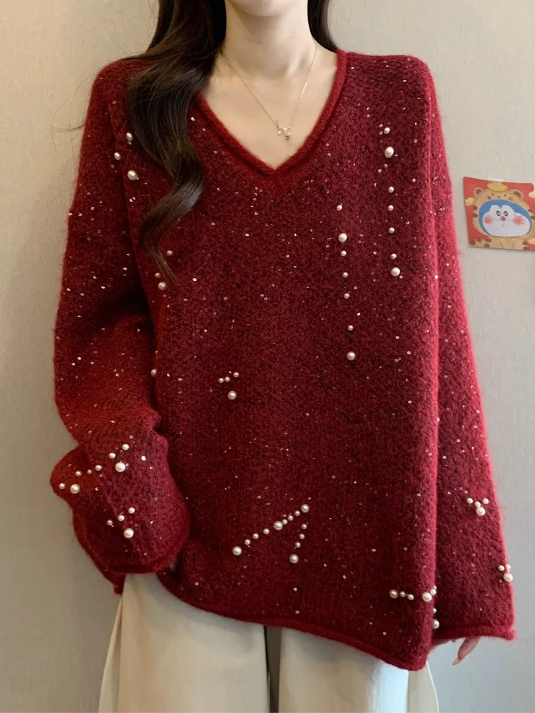 

Red Knitted Loose Sweater V-Ne Women's Faion Spring Large Size Comfortable Sli Trendy Lazy Sle Casual Long Sve Top