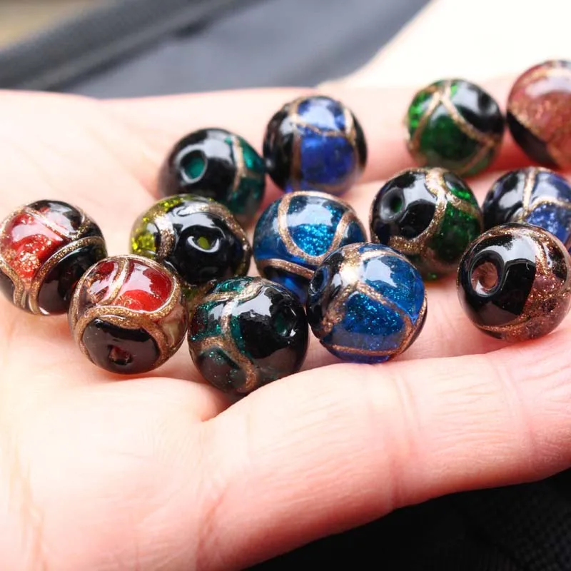 10Pcs 10 12mm Lampwork Glass Beads Round With Gold Drawing Multi-color for Jewelry Bracelet Necklace Earring Craft DIY Charms