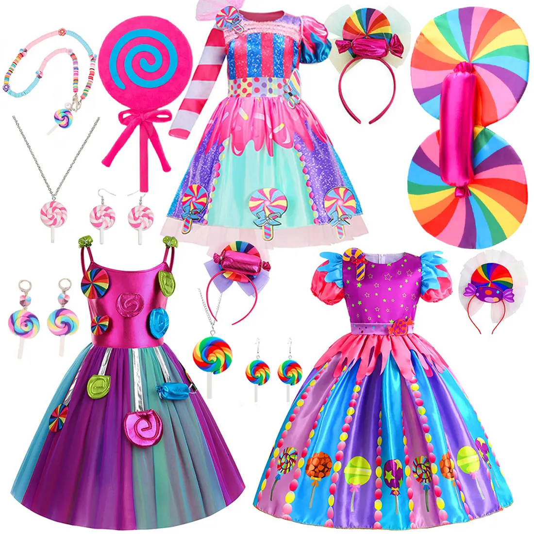 New Sweet Candy Lollipop Girls Dress 2025 Purim Carnival Party Girls Birthday Costume Fancy Rainbow Short Sleeve Cute Dress