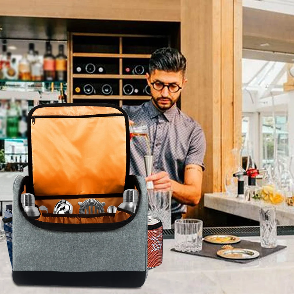 Portable Bartender Kit Bag Portable Bar Tools Storage Pouch with Side Pockets Case Household Kitchen Organizer