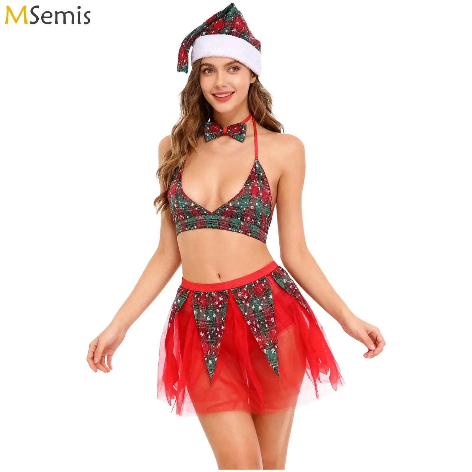 

Женский рождественский костюм Санта-Клауса для косплея, комплект нижнего белья, бюстгальтер с лямкой на шее, топ с тюлевой мини-юбкой-бабочкой и рождественской шапкой