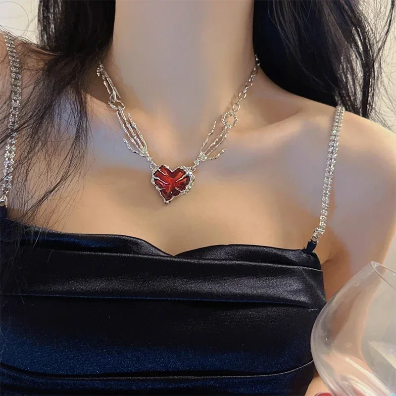 Gothic Ghost Claw Red Heart Necklace Irregular Dark Love Necklaces Punk Harajuku Big Heart Pendant Necklace For Men Women image 2
