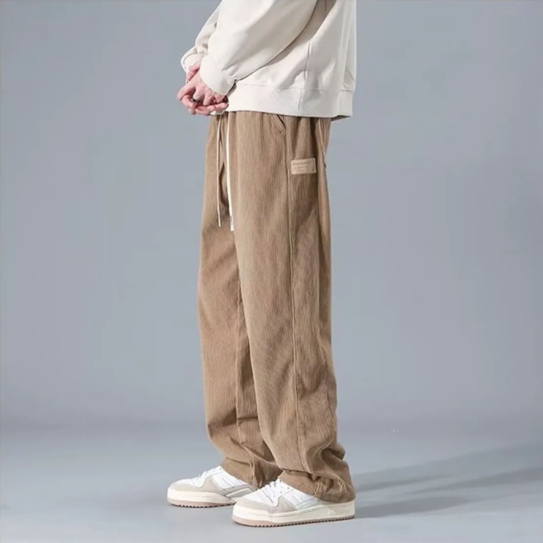 Spring Autumn Men's Corduroy Pants Handsome Wide Leg Loose Straight Leg Cargo Pants Men Breathable Drawstring Bagger Trouser