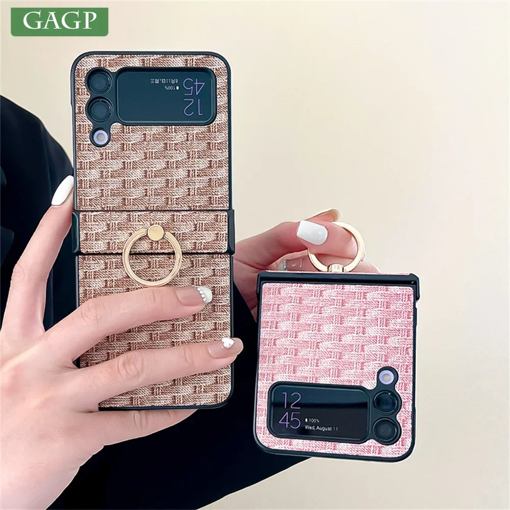 Vintage Weave Hinge Folding Phone Case For Samsung Galaxy Z Flip 6 3 4 5 Metal Ring Holder Silicone Shockproof Back ZFlip6 Cover