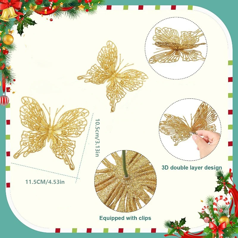 5/10 Stück glitzernde Schmetterlinge, Weihnachtsdekoration, Weihnachtsbaum, funkelnde Schmetterlinge, hängende Ornamente, Heimdekoration, Neujahr 2025, Geschenk – Detail 2