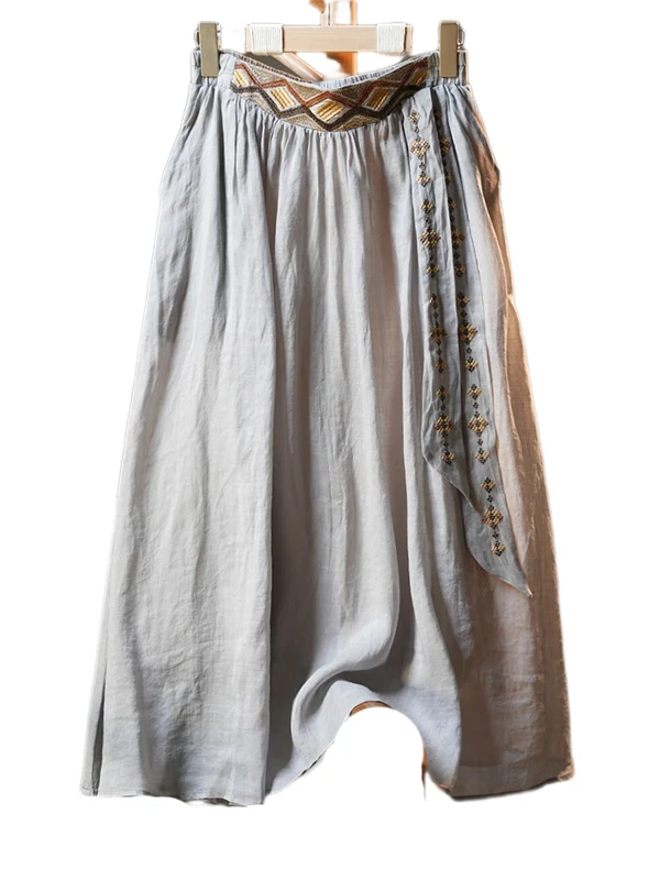 Retro Geborduurde Bloem Linnen F Rok Vrouwen Zomer Losse Hoge Taille A-lijn Katoen Linnen Rok Swingy Midi Rok