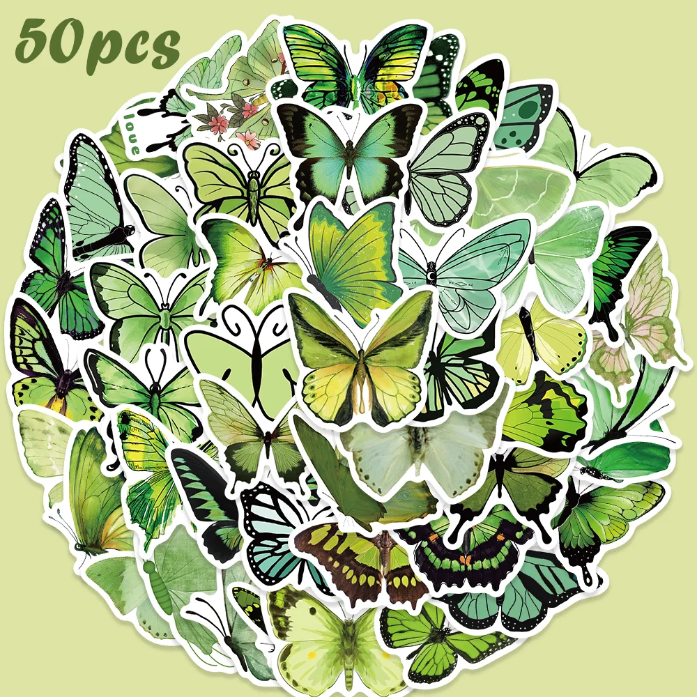 

50PCS Grenn Butterfly Stickers INS Style Decoration for Computer Motorcycle Helmet Laptop Guitar Skateboard Phone Case Kids Toy