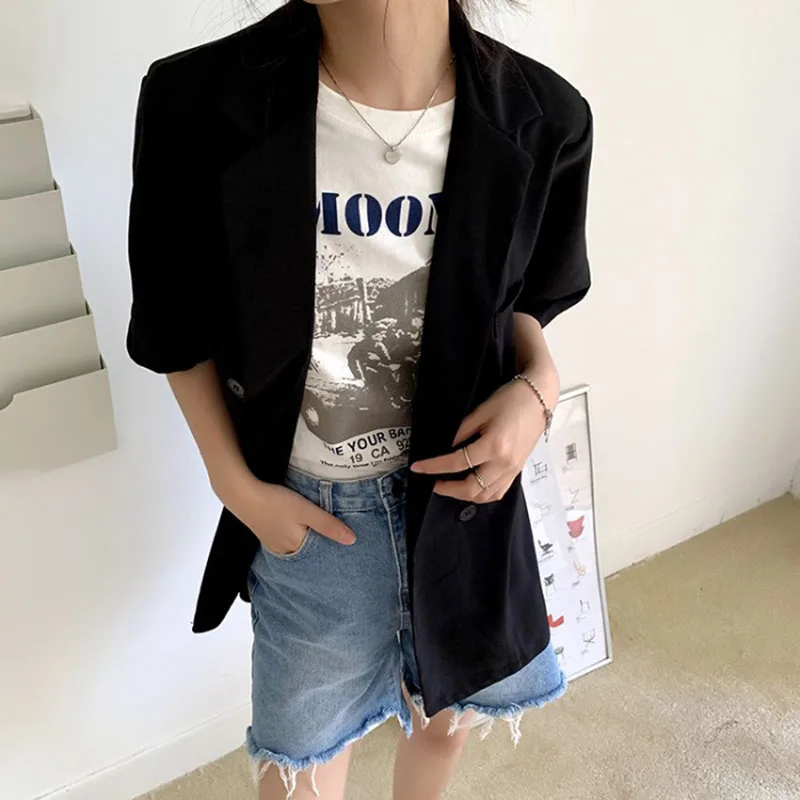 Summer Chic tops 2024 Korea Women Vintage Office Suit Coat Ladies Fashion Short Sleeve Double Breasted Blazer Cardigan Outerwear