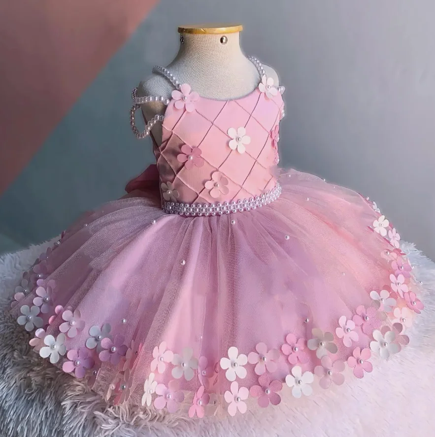 Abiti floreali 3D per neonate per perle di compleanno fiocco grande bambini Tulle Flower Girl Dress Toddler abiti da prima comunione