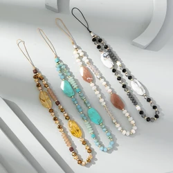 Vintage Natural Stone Beaded Mobile Phone Chain Acrylic Crystal Telephone Anti-Lost Lanyard For Women Phone Strap Jewelry Gift