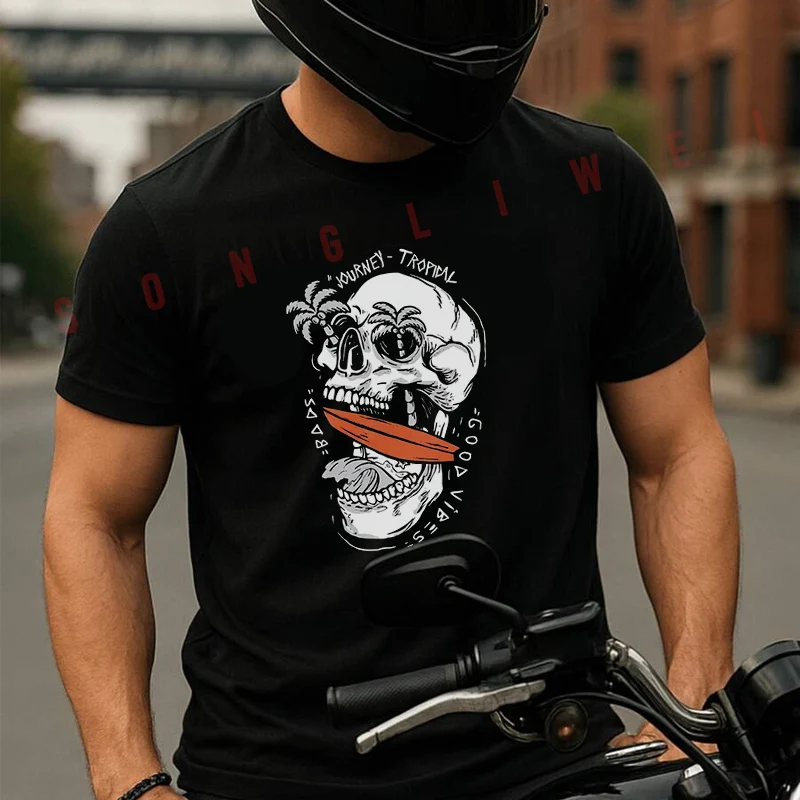 

Funny Skull Graphic Men's Women Summer Cotton T-shirt Moto Short Sleeved Casual Basic TShirt Round Neck Unisex Tops