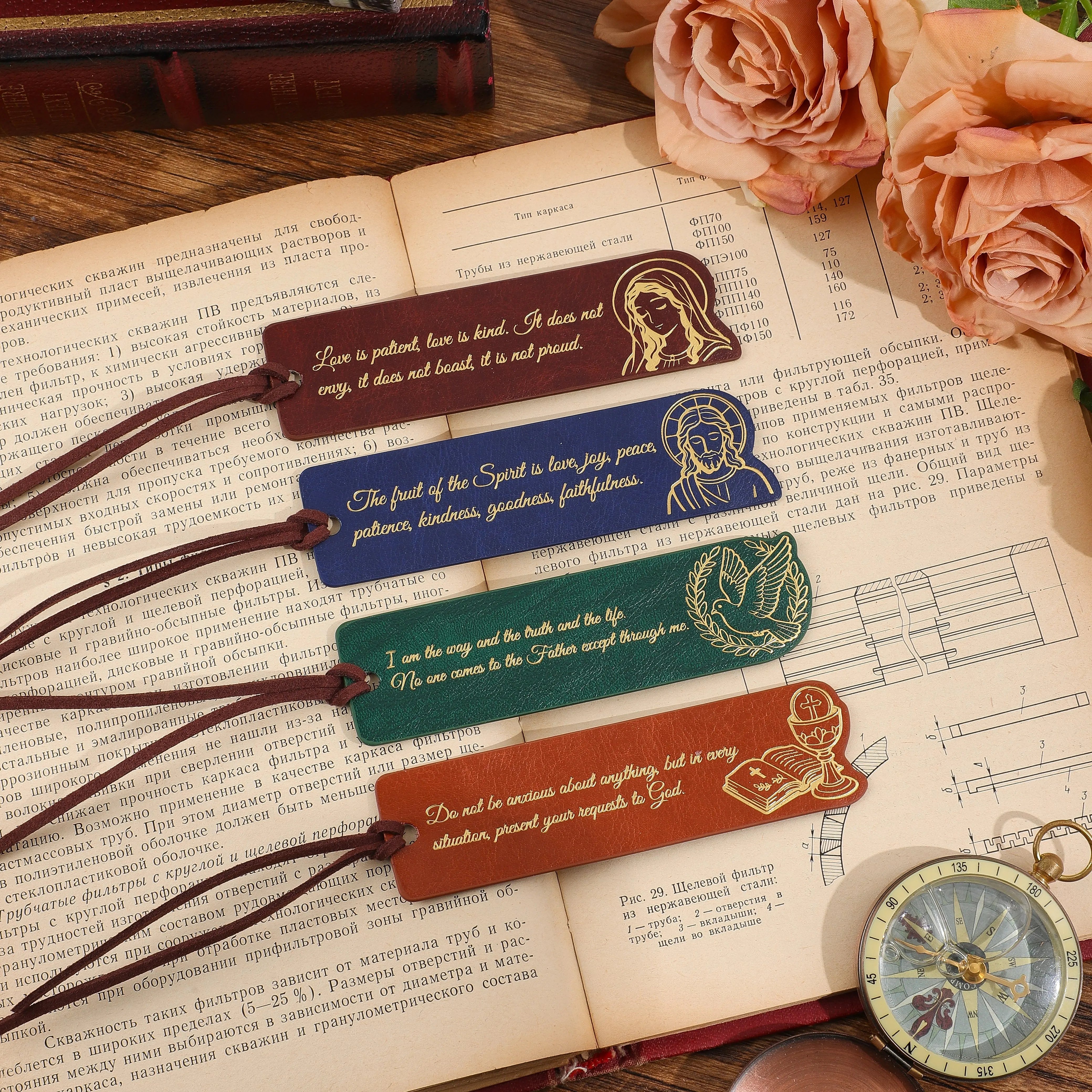 4Pcs Christian Leather Bookmarks, Gold Foil Bible Verse Page Markers with Tassel, PU Leather Bookmarks for Bible Lovers