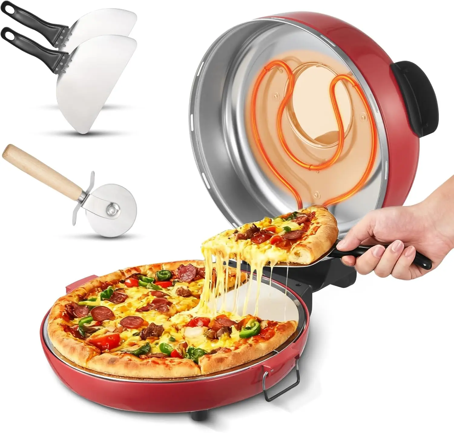 14 in Pizza Oven Indoor, XL Large Electric Pizza Maker, 1600W Home Compact Pizzas Cooker with Timer & Temp Knob, 5 Heating Level