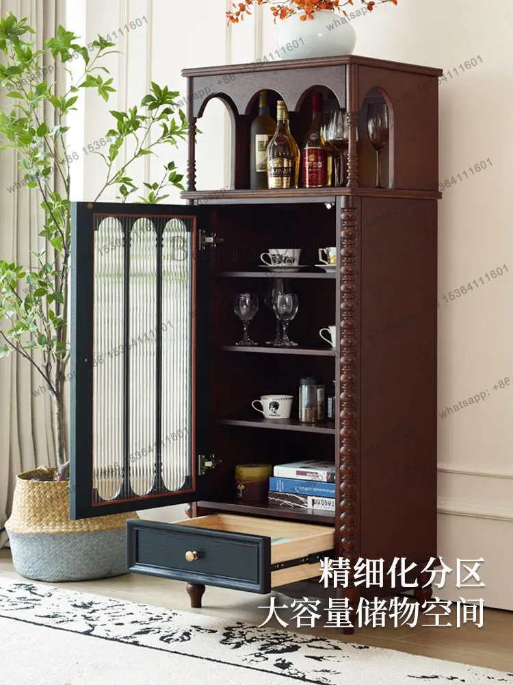 French retro solid wood glass wine cabinet displayed against the wall American retro high cabinet