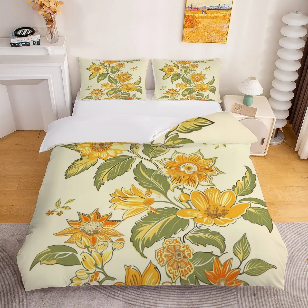 Golden chrysanthemum  Down comforter set, extra large size  green leaves  Printed duvet cover 3-piece set with 2 pillowcases