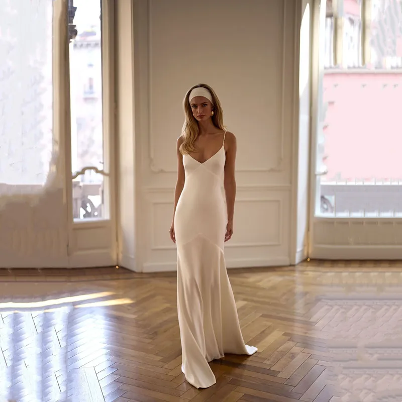 

Simple Ivory Mermaid 2-Piece Wedding Dress Sexy V-Neck Sleeveless Formal Pleat Spaghetti Straps Backless Court Train Customized