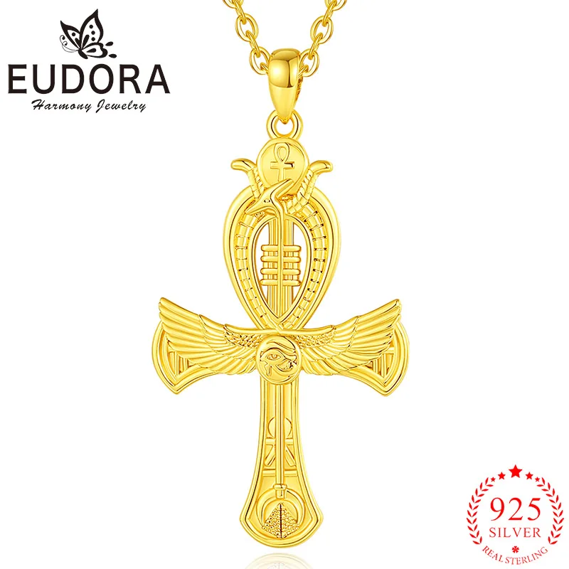 Eudora 925 Sterling Silver Ancient Egypt Ankh Cross Necklace 18K Gold Eye Of Horus Amulet Pendant Personality Jewelry Gift