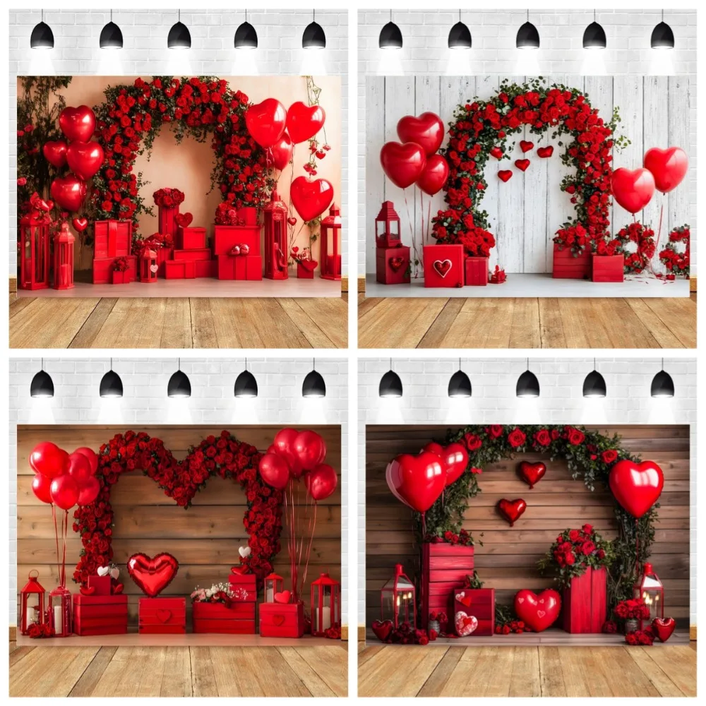 

February 14th Valentine's Day Arched Rose Balloon Banner Background, Red Love Festival Party Couple Photography Studio Backdrop