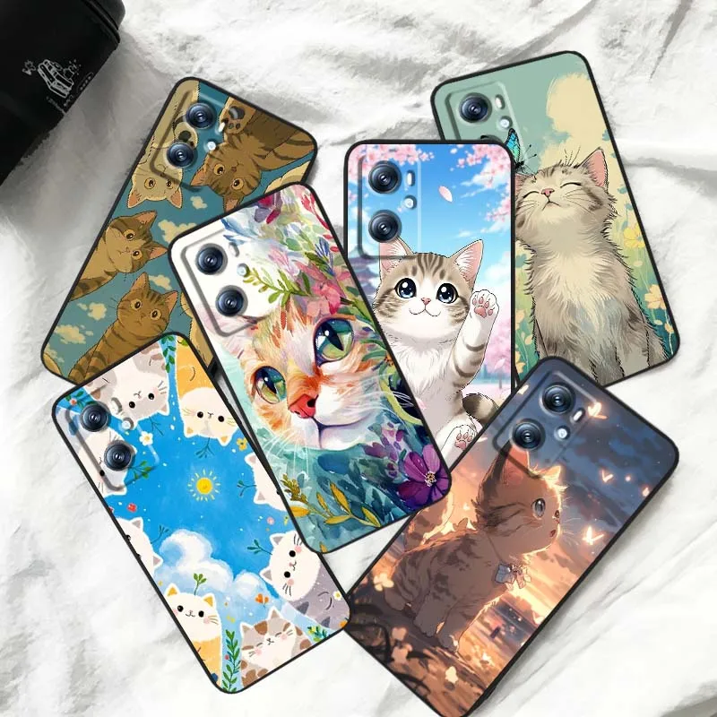 

Popular Art Cat Flower Cute Phone Case For OPPO Reno 7 A96 A40 A58 5 6 Realme GT A74 A78 Neo2 A74 A78 Find X5 X3 X7 X8 Black