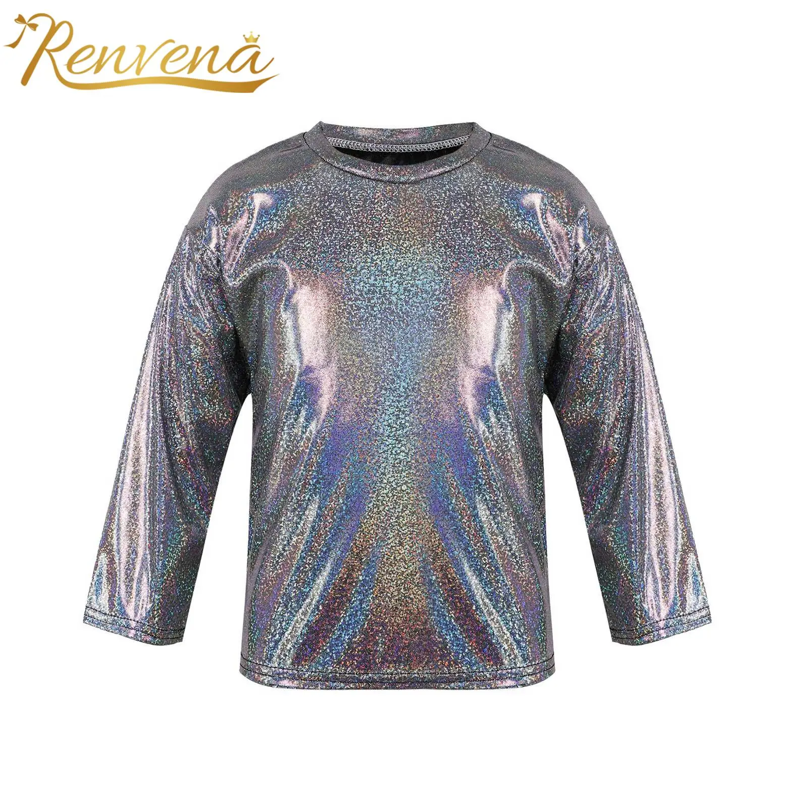 

Children's T-shirt Kid Boys Girls Shiny Metallic T Shirts Long Sleeve Loose Tops for Dancing Party Hiphop Jazz Dance Top Costume