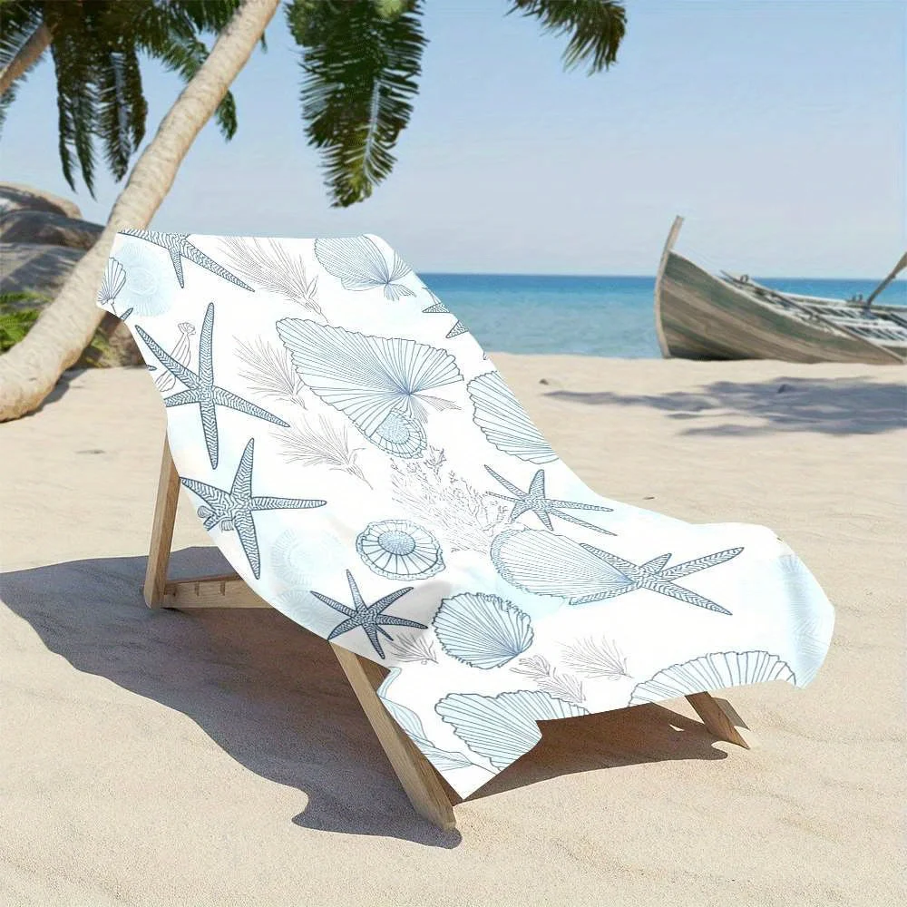 Seashell and starfish patterned bath towel, polyester fabric, machine washable, suitable for pool and travel - sand resistant.