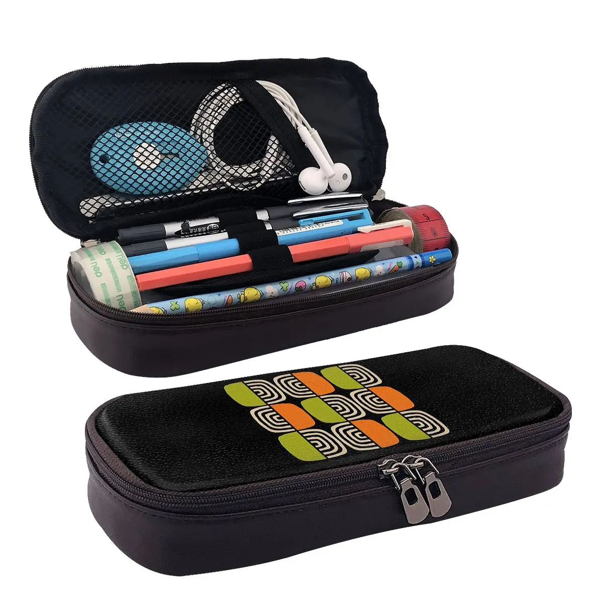 Half Concentric Circle Black Orange Green And Beig Leather Pencil Case for Boy Girl School Pen Box Pencil Bag Pen Holder Bag