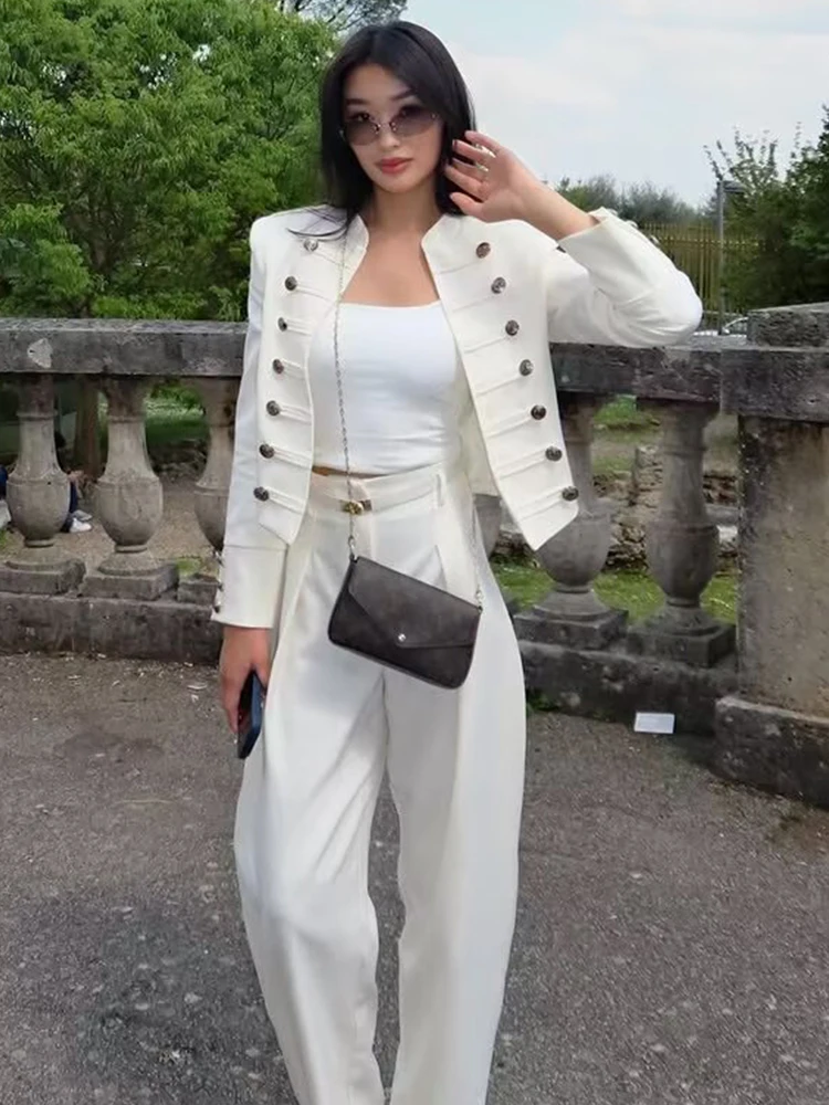 Fashion Women Multi-Row Buttons Decoration Short Jacket Solid White Cardigan Spring New Stand Collar Long Sleeve Female Jacket