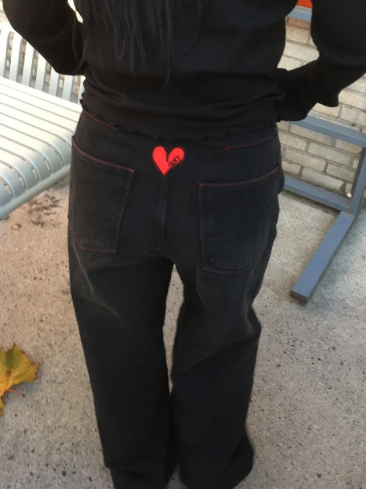 Rétro américain Ba coeur imprimé ample jambe large jean décontracté pantalons longs femmes Chic automne hiver Denim pantalon Fem Faion