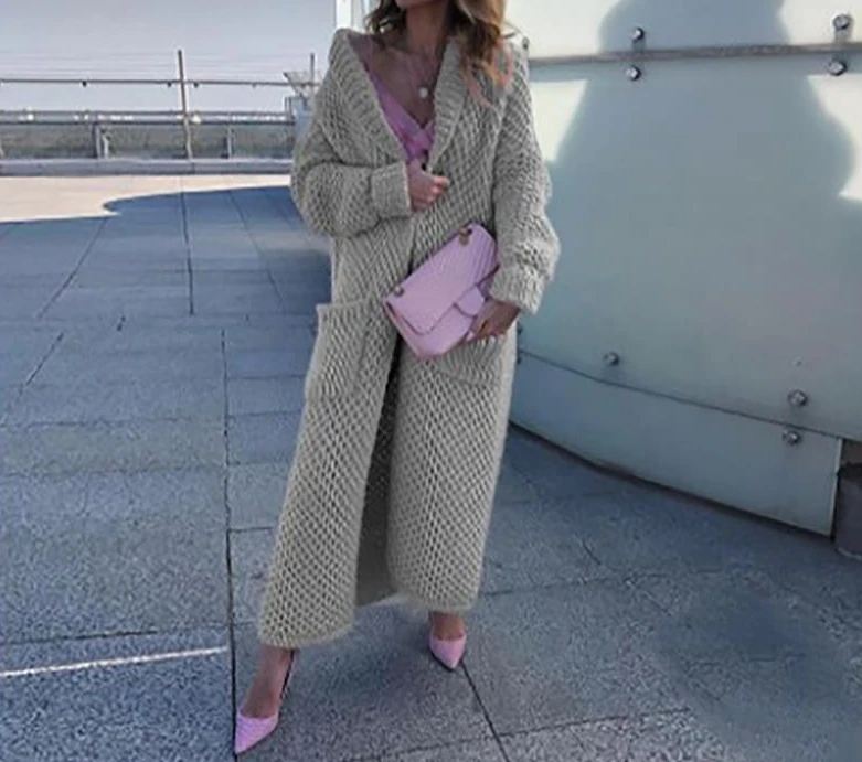 Women's Knitted Sweater Lapel Collar Winter Thick Cardigan Collar Solid Color Pocket Long Sleeve Oversize Long Cardigan Coat