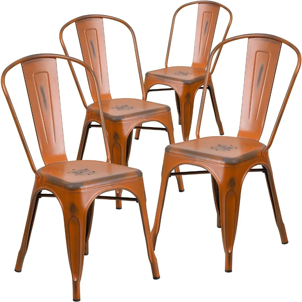 

4 Pack Distressed Orange Commercial Grade Metal Stackable Chairs for Indoor and Outdoor Use