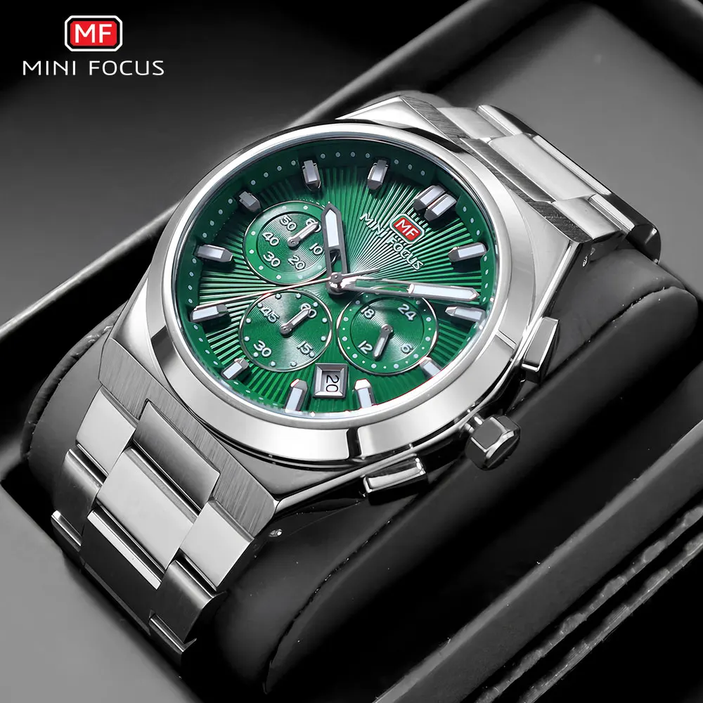 MINI FOCUS Fashion Men's Military Sport Watch Stainless Steel Strap Luminous Water Resistant Quartz Wristwatch with Calendar1614