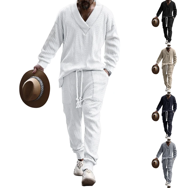 Frühling und Herbst neue europäische Herren bekleidung aus reiner Baumwolle, schweres Jacquard-Hemd und Hose mit V-Ausschnitt, zweiteiliges Set