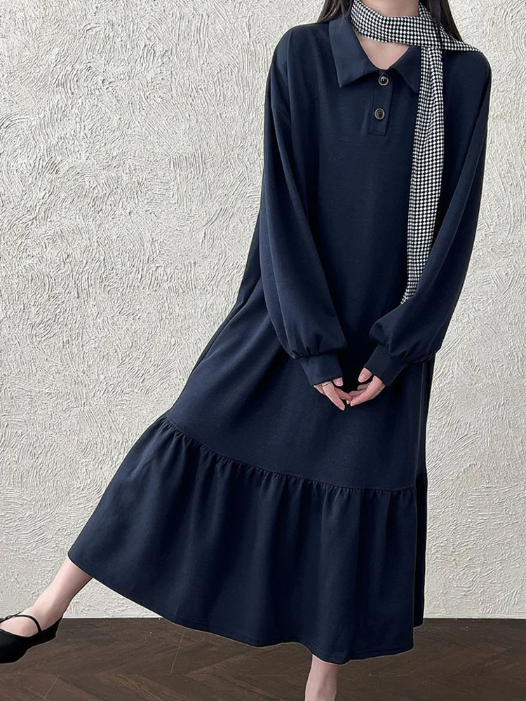 WHTREND Abito camicia lunga con volant patchwork con risvolto per donna Autunno Nuovi abiti moda vestibilità ampia WH1683