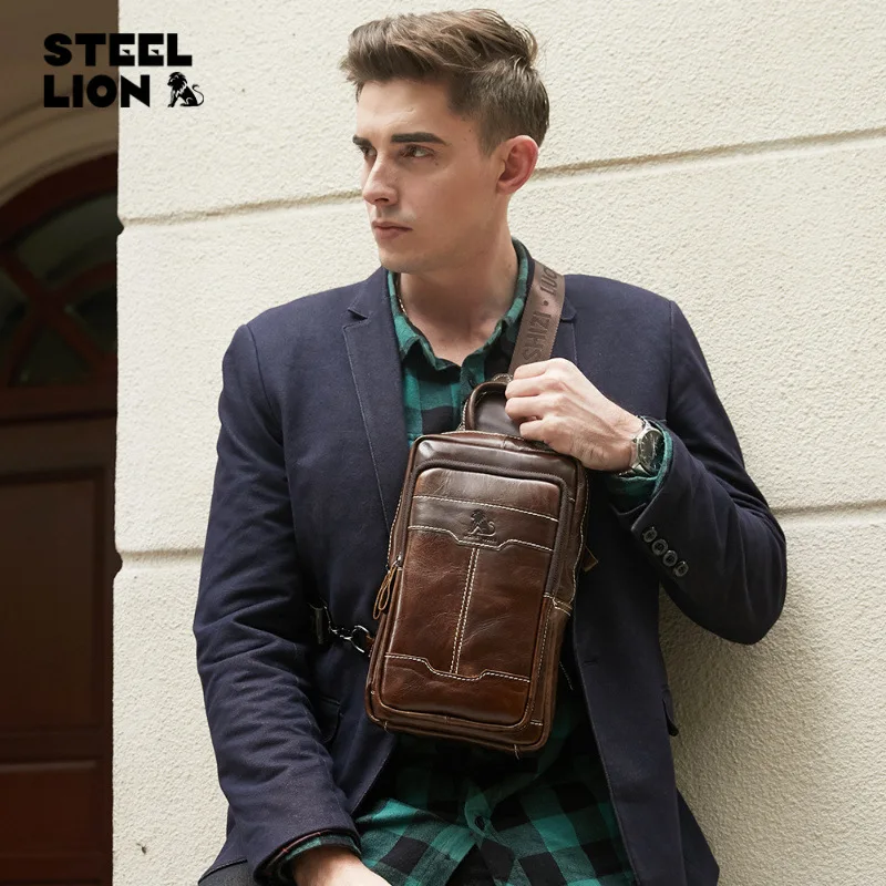 

Men's cowhine breast bag retro oil wax leather fashion men's large capacity chest bag shoulder handbag crossbody