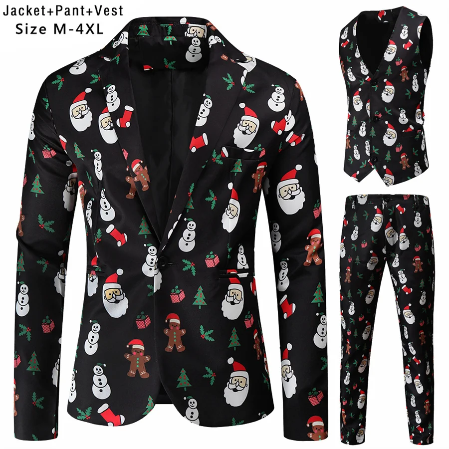 

Черные мужские костюмы на Рождество, куртка, жилет и брюки, мужской сценический костюм для выпускного вечера, мужская одежда с принтом Санта-Клауса, комплект для ночного клуба