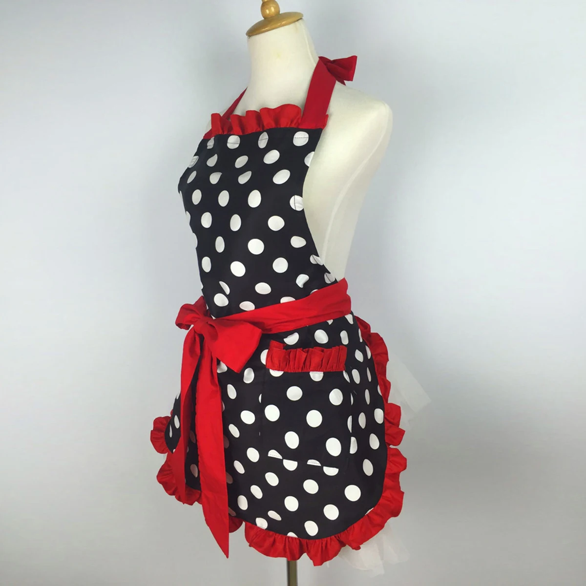 Kitchen Apron Cute Apron Retro Polka Dot Aprons Adjustable Ruffle Side Cooking Aprons with Pockets For Waitress Kitchen Supplies