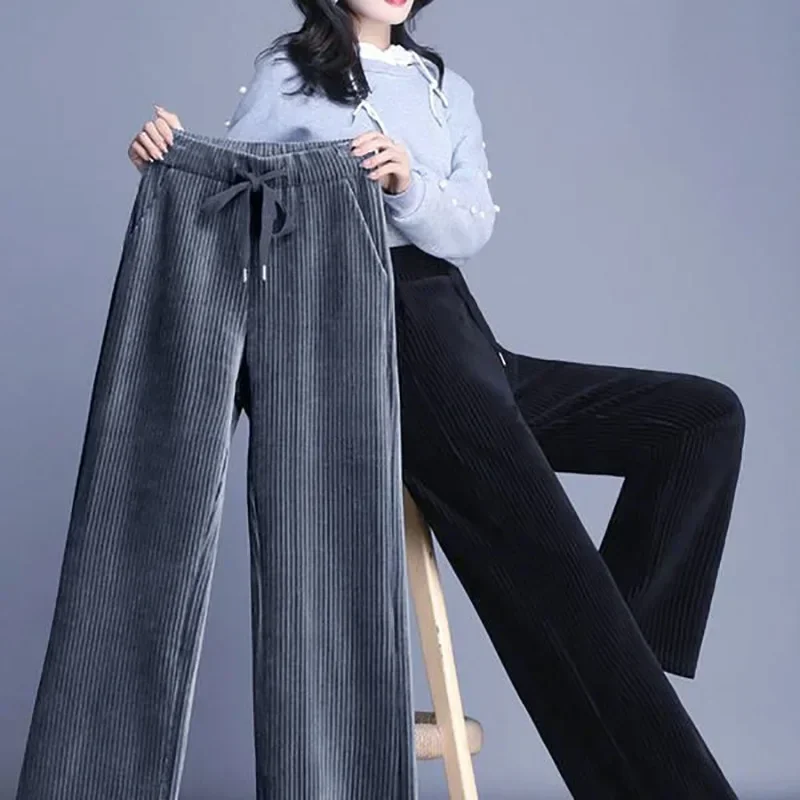 

Winter Warm Velvet Wide Leg Pants Women New Baggy Thicken Lace Up Straight Sweatpants Plush Liend Pantalones High Wasit