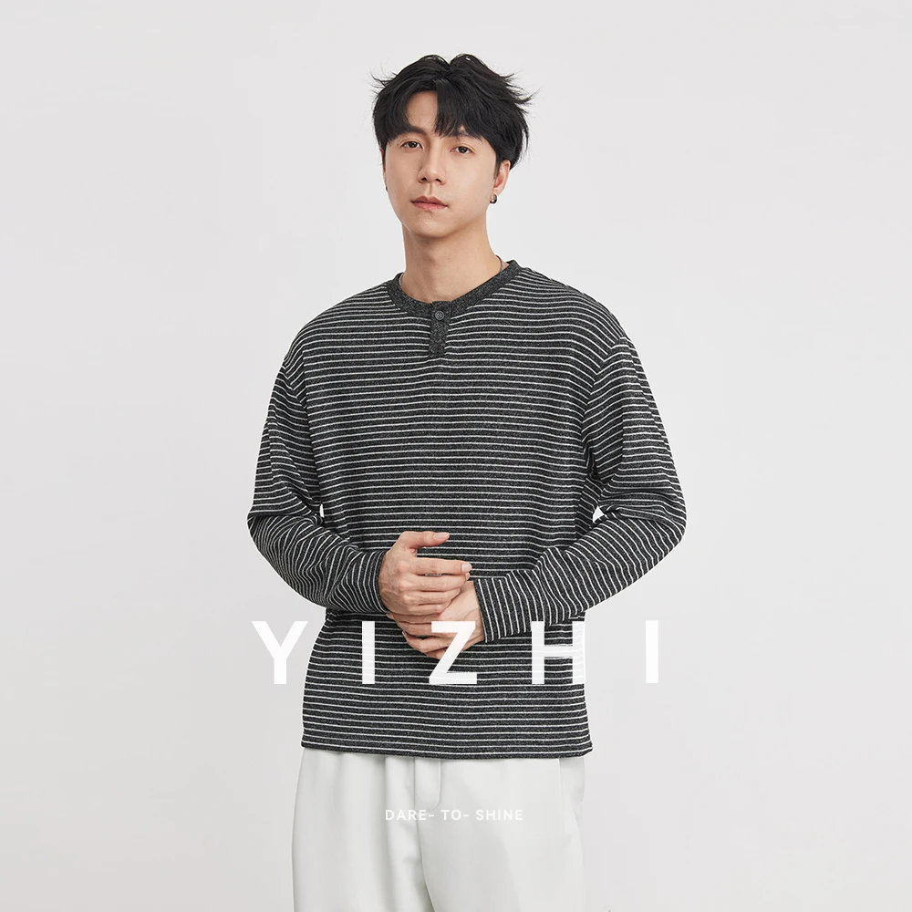 

260g Striped Knitted Henley Neck Long Sleeve T-Shirt Men 2026 Spring Autumn Textured Design Casual Tops