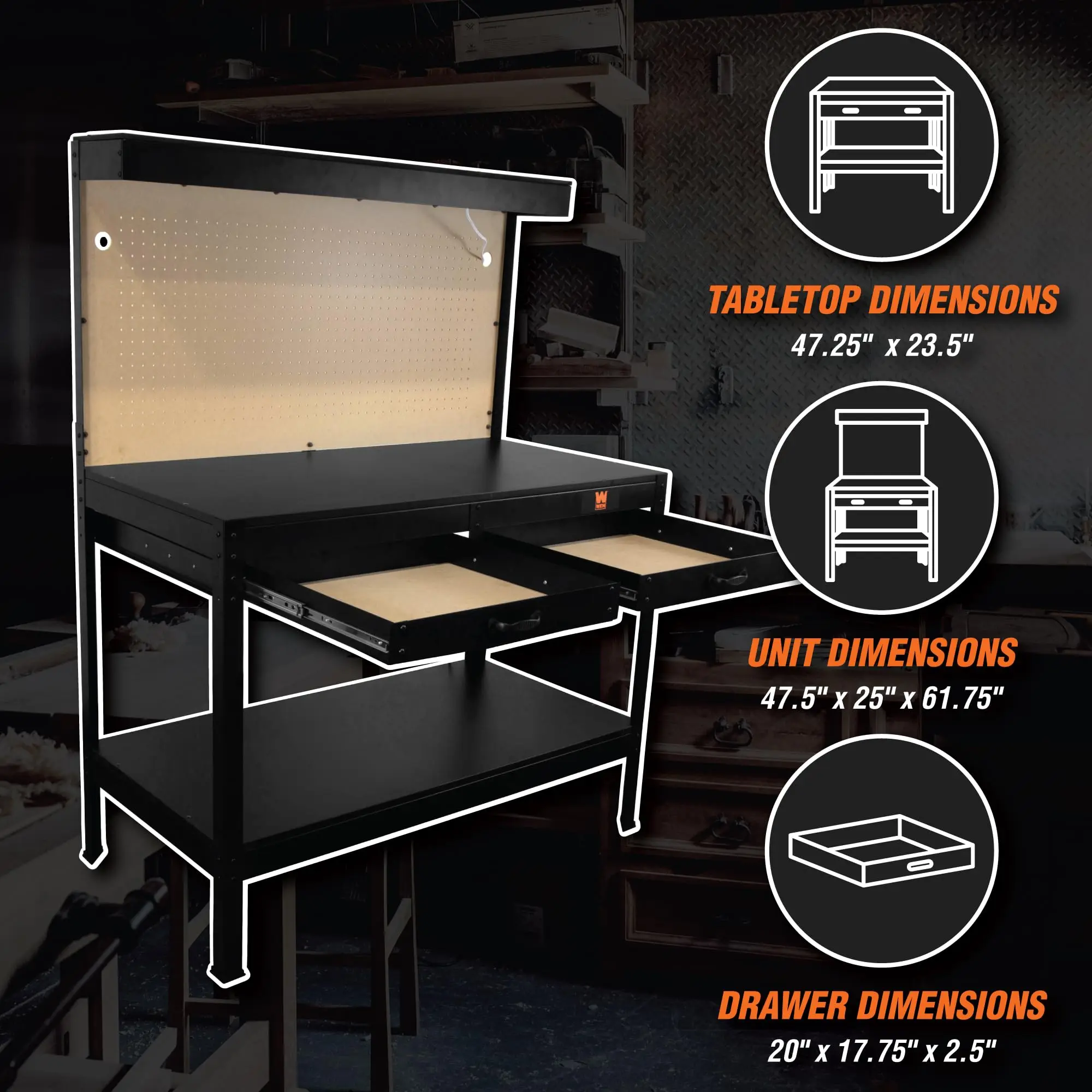 WB4723T 48-Inch Workbench with Power Outlets and Light, Black