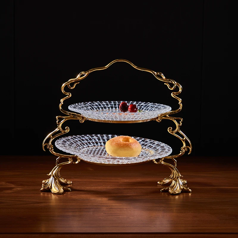 European Double Crystal Cake Stand Fruit Plate Home Decor Accessories Luxury Brass Living Room Fruit Bowl