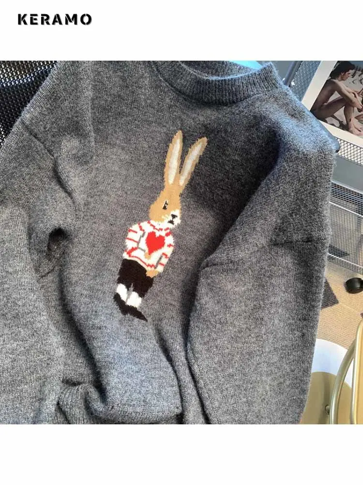 2023 Fall Winter O-Neck Cartoon Rabbit Long Sleeves Knitted Swrater Women Casual All-Match Sweet Korean Fashion Jumper Feamle