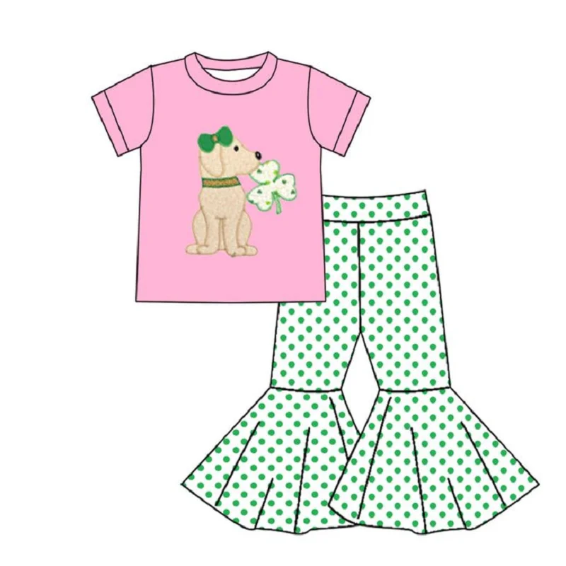 St. Parker green four-leaf clover short sleeve bell-bottom pants set girls clothing milk silk boutique wholesale